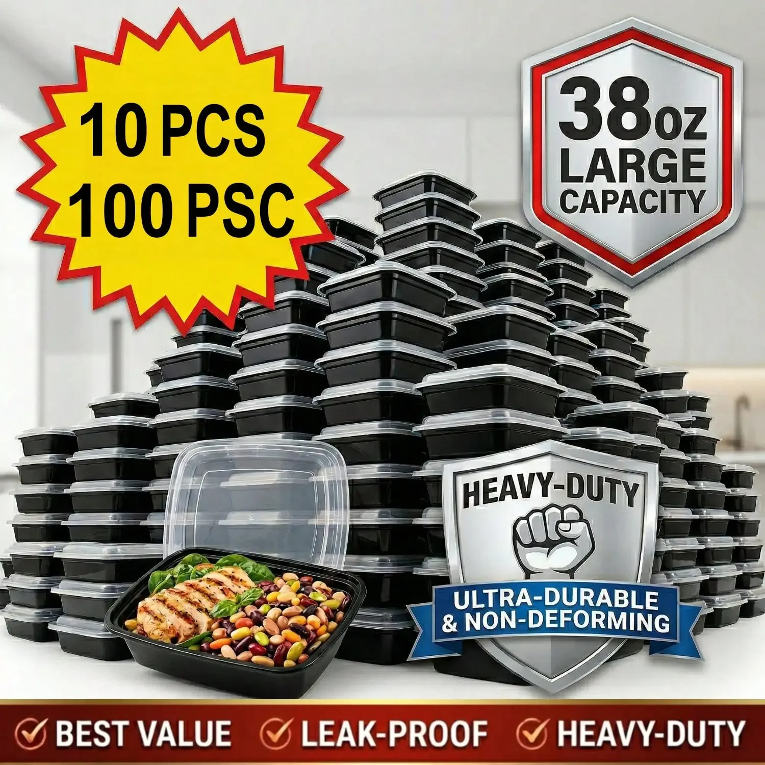 Meal Prep Kitchen - 10/100 pièces, boîtes rectangulaires noires de